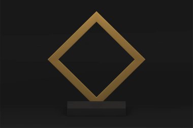 Lüks ürün sunumu için altın eşkenar dörtgen çerçeveli siyah 3d podyum kaidesi vektör illüstrasyonunu gösterir. Gerçekçi reklam kompozisyonu geometrik platform zarif boş sergi salonu görüntüsü