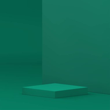 Ürün sunumu için yeşil 3d podyum kare kaidesi gerçekçi vektör illüstrasyonunu gösterir. Moda reklam galerisi platformu ve duvar arkası satış ekranı