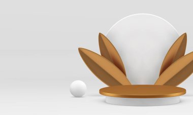 3D podyum kaidesi lüks beyaz showroom gerçekçi vektör illüstrasyonu. Ticari ürün gösterimi için altın yaprak küresi ve silindir duvar arkaplanlı lüks reklam vitrinleri