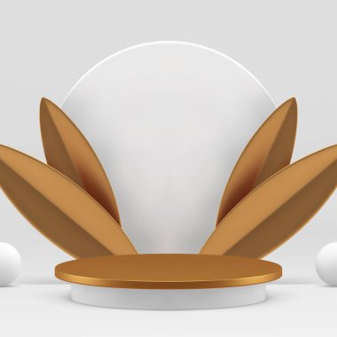 Altın yapraklı beyaz 3d podyum kaidesi gerçekçi vektör illüstrasyonları için taklit ediliyor. Lüks reklam standı. Küre ve çember duvar arkaplanlı ticari ekran.