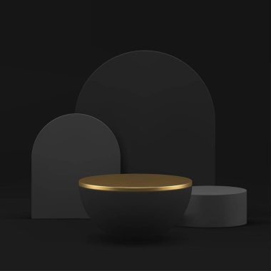 Geometrik duvar arkaplan gerçekçi vektör illüstrasyonlu siyah üç boyutlu podyum kaidesi. Alışveriş yapan erkek ürünleri tanıtımı için altın elementli reklam sunumuyla lüks, koyu renk standı