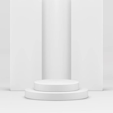 Ürün için beyaz 3d silindir podyum nötr sergi salonu gerçekçi vektör illüstrasyonunu gösterir. Pastel light showcase round stand geometrik duvar arkaplan modeli sunum stüdyosu iç mimarisi için