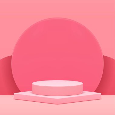 3d podyum kaidesi zarif pembe geometrik gösteri odası gerçekçi vektör illüstrasyonu. Reklam standı güzellik ürünleri alışveriş vitrininde yuvarlak duvar arkası gösterimi