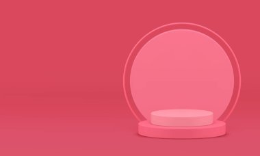 Kozmetik ürün için Pembe 3d podyum silindir kaidesi gerçekçi vektör illüstrasyonunu gösteriyor. Alış veriş sunumu için daire duvar arkaplan sergi salonu görünümlü zarif kadın duruşu
