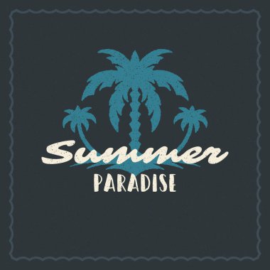 Yaz tipografisi poster ya da giysi vektörü çizimi için ilham verici alıntı tasarımı. Cennet bayramı mesajı. El çizimi stili palmiye ağacı silueti.