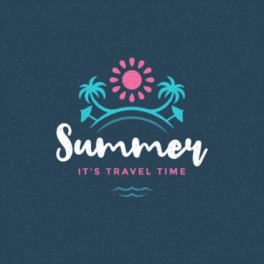 Yaz tatili etiketi ya da rozet tipografisi slogan tasarımı poster ya da tebrik kartı çizimi için. Tropik ada sembolü.