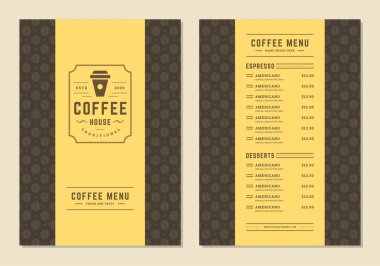 Kahve menüsü tasarım broşürü, kahve dükkanı logosu sembolü ve retro tipografik dekorasyon unsurları olan bir kafe. Vektör İllüstrasyonu.