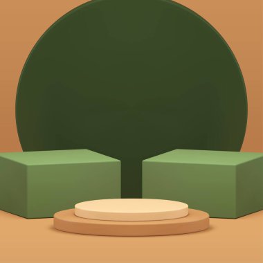 3d podyum yeşil bej rengi bej görünüm kozmetik ürün sunumu için modelleme gerçekçi vektör illüstrasyonunu gösterir. Pastel geometrik sergi salonu ticari tanıtım için boş reklam vitrini
