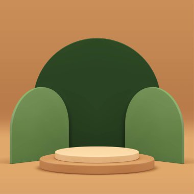 Ürün tanıtımı için yeşil geometrik duvar görüntüsü olan 3d podyum basamaklı basamak kaidesi. Bej rengi pastel minimalist estetik boş sergi salonu reklam vitrini