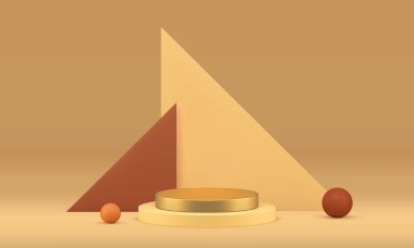 Ürün sunumu için bej duvarlı 3D sergi salonu geometrik podyum kaidesi gerçekçi vektör illüstrasyonu. Pastel lüks vitrin, silindirli, altın sahne zarifliği olan ticari tanıtım standı.