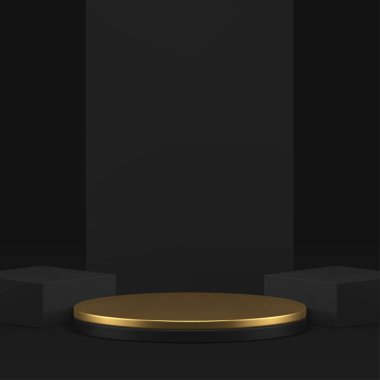 Siyah duvarlı, 3D silindir podyum kaidesi ve lüks ürünü gerçekçi bir tasvir. Ticari sunum için küp geometrik moda galerisi olan birinci sınıf yuvarlak sahne