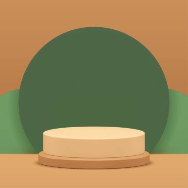 Yeşil duvar tanıtımlı silindir bej 3d podyum kaidesi gerçekçi vektör illüstrasyonudur. Ticari ürün alışveriş sunumu için nötr sergi boş tanıtım geometrik aşaması