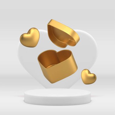 Beyaz silindir 3d podyum kaidesi altın açık hediye kutusu kalp bayramı gerçekçi bir tasvir sergiliyor. Şık lüks reklam alışverişi sunar. Stüdyo dekoratif iç mekan.