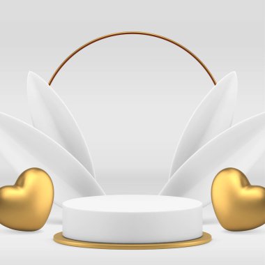 Kozmetik ürün için beyaz lüks 3d podyum kaidesi gerçekçi vektör illüstrasyonunu gösteriyor. Altın kalpli şık bir reklam gösterisi ve ticari tanıtım için yapraklar.