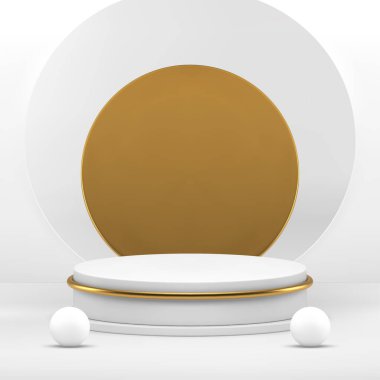 Lüks ürün için beyaz 3d silindir podyum kaidesi gerçekçi vektör illüstrasyonunu gösteriyor. Ticari reklamlar için altın dekoratif unsur vitrinli birinci sınıf ışık yuvarlak ekran