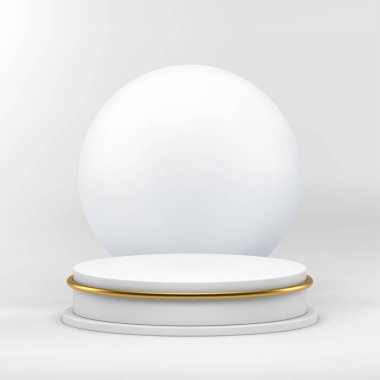 Kürenin duvar arkası gerçekçi vektör illüstrasyonuna sahip lüks beyaz 3d podyum kaidesi. Pahalı ürün sunumu için altın desenli birinci sınıf ışık geometrik silindir görüntüsü
