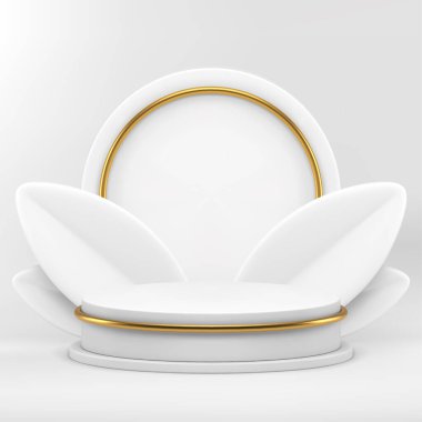 Zarif lüks beyaz 3d podyum kozmetik ürün sunumu için modelleme gerçekçi vektör illüstrasyonu. Yaprakları ve altın dekor çember duvar arkaplanlı birinci sınıf ışık silindiri kaidesi