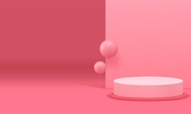 Pembe 3D showroom silindir podyum kaidesi ve tatil için hava balonu gerçekçi vektör illüstrasyonu. Zarif kadın pastel gösterisi güzellik kozmetik ürün sunumu için hazırlanıyor.