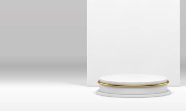 3D lüks beyaz podyum kaidesi sergi salonu ışık iç mekan gerçekçi vektör illüstrasyonu. Pahalı ürün sunumu için altın dekorlu zarif nötr gösteri silindiri platformu
