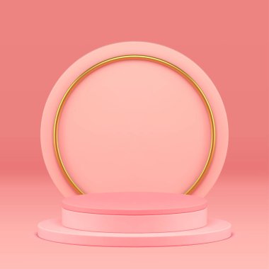 3D lüks podyum pembe kaide kozmetik ürün sunumu için maket gerçekçi vektör illüstrasyonunu gösteriyor. Alışveriş için daire duvar arkaplanı olan zarif kadın silindirli vitrin sahnesi