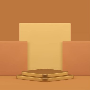 Altın 3d eşkenar dörtgen podyum kaidesi bej geometrik duvar arka plan gerçekçi vektör illüstrasyonuyla. Premium ürün sunumu için lüks vitrin nötr sergi reklamı