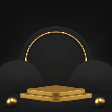 Siyah lüks 3d podyum kaidesi moda ürünü sunumu için modelleme gerçekçi vektör illüstrasyonunu gösteriyor. Koyu renkli birinci sınıf geometrik vitrin, altın eşkenar dörtgen sahne, yarı daire duvar arkaplanı.