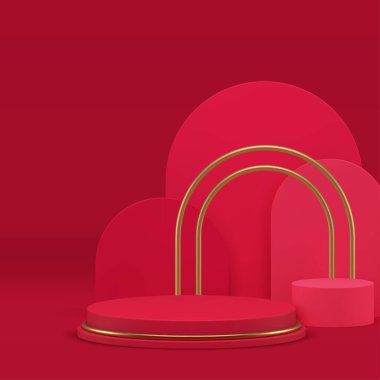 Lüks ürün sunumu için altın dekorlu kırmızı vitrin 3D podyum gerçekçi vektör illüstrasyonu. Moda modasına uygun geometrik sergi odası silindiri kaidesi yarı daire duvar arkaplanı