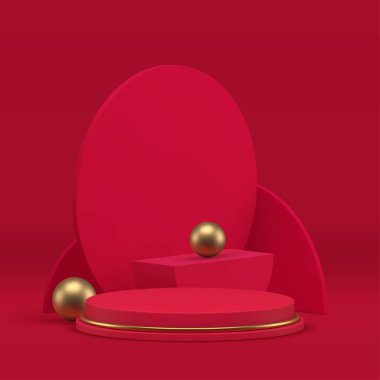 Ürün sunumu için lüks geometrik 3d kırmızı podyum gerçekçi vektör illüstrasyonunu gösteriyor. Daire duvar arkaplanı ve altın küreye sahip birinci sınıf moda görüntü silindiri kaidesi