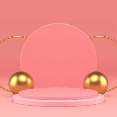 3d lüks silindir podyum pembe kaide ve sunum için altın dekor gerçekçi vektör illüstrasyonu. Kadınsı ürün gösterimi için birinci sınıf geometrik ekran çember duvar arkaplanı ve küre