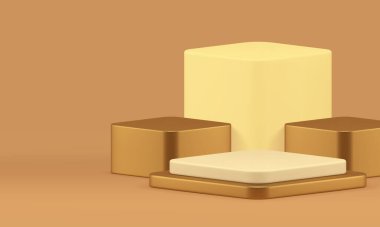 Ürün reklamı için lüks pastel 3d geometrik podyum gerçekçi bir vektör illüstrasyonu gösteriyor. Bej nötr duvar arkaplanı sunum için özel altın eşkenar dörtgen sahne