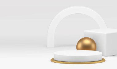 Beyaz altın 3d podyum kaidesi gerçekçi vektör illüstrasyonu için zarif bir sergi salonu. Çarpım gösterimi için kemer küpü ve küre geometrik arkaplanı olan lüks silindir modayı