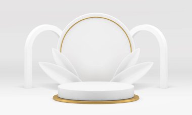 3D lüks beyaz podyum, çarpım için arka planda bulunan kemer dairesi duvar resimli gerçekçi vektör illüstrasyonu. Sunum için altın dekor elementi olan birinci sınıf hafif zarif silindir kaidesi