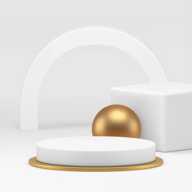 Gerçekçi vektör illüstrasyonunun reklamını yapmak için 3d silindir podyum kaidesi beyaz zarif bir vitrin. Altın küre küp platformu ve kemer arkaplanlı modaya uygun ışık primli geometrik görüntü