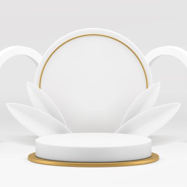 Lüks ürün için beyaz zarif 3d silindir podyum kaidesi gerçekçi vektör illüstrasyonunu gösteriyor. Satışa sunum için yaprakları ve daire duvar arkaplanı olan birinci sınıf ışık reklam vitrini