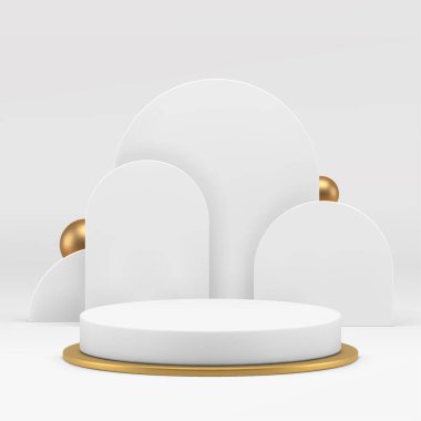 Sunum için yarı daire duvar arkaplanı olan 3d beyaz altın silindir podyum gerçekçi vektör illüstrasyonu. Premium ürün gösterimi için küreli lüks, zarif kaidesel hafif ticari vitrin.