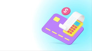 Kart ödeme başarısı nakitsiz finansal bankacılık işlemi tam 3D simge animasyonu. Ticari muhasebe ve para transferi alışveriş malları POS terminal faturası satın aldı