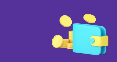 Altın sikke ile cüzdan nakit para alışveriş mali bankacılık ödeme 3d ikon animasyon. Ekonomi, bağımsızlık, zenginlik, zenginlik, zenginlik, maaş, para, bolluk.