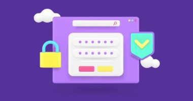 Veri bilgi güvenliği kişisel hesap şifresi siber güvenlik 3d simge animasyonunu koru. İnternet güvenlik doğrulaması güvenli tarayıcı bireysellik tanımlama güvenlik duvarı kasası
