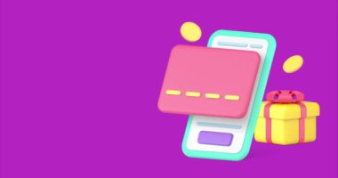 Kart geri ödeme ikramiyesi para geri ödeme garantisi akıllı telefon bankacılık uygulama 3d simge animasyonu. Nakit hediye geri ödeme garantisi çevrimiçi ödemeli cep telefonu alım-satımı