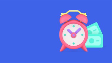 Zaman paradır. Finansal gelir bankacılık yatırımının kar getirmesini sağlar. 3d gerçekçi vektör illüstrasyonudur. Çalar saat ile birlikte nakit para kazanç depozito maaş yönetimi