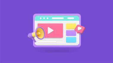 Video pazarlaması dijital multimedya içeriği reklamcılığı web internet tarayıcısı 3d gerçekçi vektör illüstrasyonu. Siber uzay iş bilgileri çevrimiçi yayın vlog sosyal medya ağı tanıtımı
