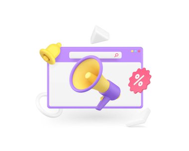 Çevrimiçi alışveriş indirimi e-posta pazarlama duyurusu megafon tarayıcı 3d simge gerçekçi vektör illüstrasyonu. İnternet mağazası özel tanıtım reklam siber uzay medya iletisi sunuyor