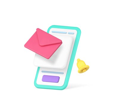 Elektronik posta gelen posta kutusu posta kutusu ses uyarısı akıllı telefon uygulaması 3d gerçekçi vektör illüstrasyonu. E- posta zarflı haber bülteni cep telefonu bağlantısı sohbet iletişimi