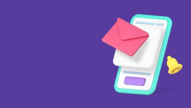 Elektronik posta gelen posta kutusu posta kutusu ses uyarısı akıllı telefon uygulaması 3d gerçekçi vektör illüstrasyonu. E- posta zarflı haber bülteni cep telefonu bağlantısı sohbet iletişimi