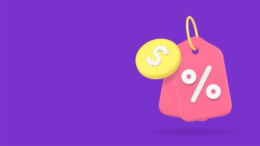 İndirimli etiket ipi yüzdesi alışverişi özel promosyon etiketi 3d gerçekçi vektör illüstrasyonu. Mağazanın finansal tasfiye fiyatını Kara Cuma pazarlama stratejisinden düşür