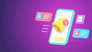 Smartphone ses bildirimi gelen mesaj kutusu e- posta kutusu 3d gerçekçi vektör illüstrasyonu. Cep telefonu zil sesi. Siber uzay iletişimi. Yeni takvim elektronik posta hatırlatıcısı.