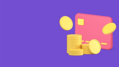 Kredi kartı altın sikke para yığını finansal yatırım bankacılık hesabı 3d gerçekçi vektör illüstrasyonu. Ticari para birimi mevduat sermaye maaş bankası hizmeti