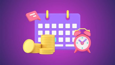 Ödeme zamanı takvimi anımsatıcı finansal yönetim para planlama 3d gerçekçi vektör illüstrasyonu. Gündem vergisi ödeme süresi bitiş tarihi kredi ödeme maaş tarih düzenleyici iş planlayıcısı