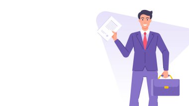 Takım elbiseli bir iş adamı ve boş afiş tasarımı tasarımı vektör düz çizim. Karikatür işadamı karakteri evrak çantası ve kağıt anlaşmasıyla resmi kurumsal ortaklık belgesi