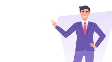 Takım elbiseli bir işadamı işaret parmağıyla işaret ediyor. Fotokopi alanı tasarım şablonu düz çizim. Gülümseyen karikatür işadamı karakter işaretçisi parmak, tavsiye jest reklamını gösteriyor